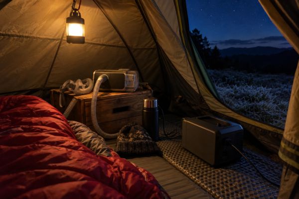 Aparelho de CPAP ligado a uma bateria portátil dentro de uma barraca de acampamento numa noite fria