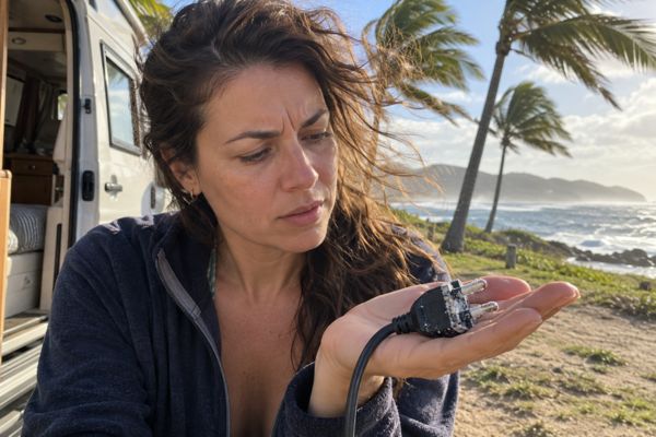Mulher examinando resíduos de sal nos pinos de um plugue em camping à beira-mar com vento e maresia