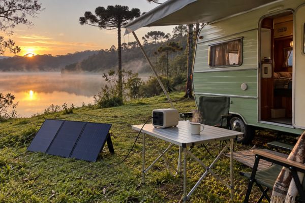 Bateria portátil ligada a painel solar ao lado de trailer num camping de beira de lago ao amanhecer