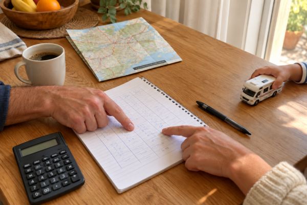 Família calculando no papel o consumo de energia da viagem, com calculadora e bateria portátil sobre a mesa