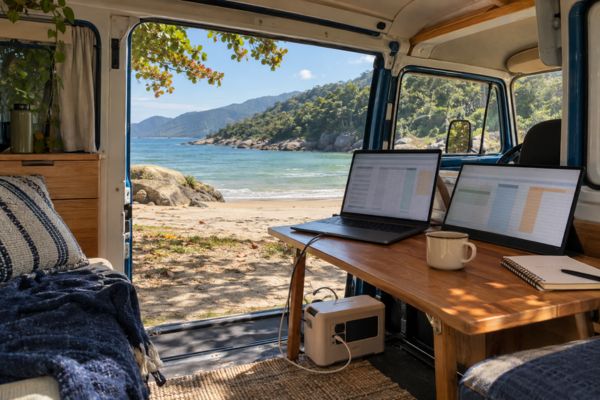 Notebook e monitor portátil sobre uma mesa dentro de uma Kombi, ligados a uma central de energia, com a praia ao fundo