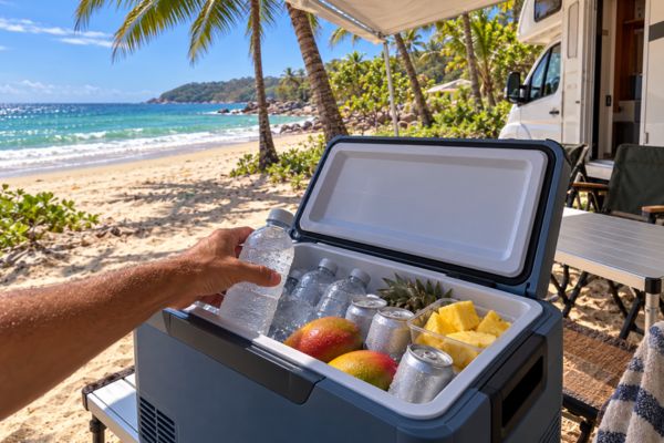 Geladeira portátil aberta com bebidas e frutas à sombra de um motorhome na praia