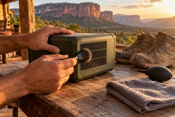 Mãos limpando com pincel as grades de ventilação de uma bateria portátil sobre bancada de madeira, com paredões da Chapada Diamantina ao fundo