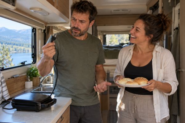 Homem segurando o plugue da sanduicheira depois que a saída desarmou na cozinha do trailer, com a esposa rindo ao lado