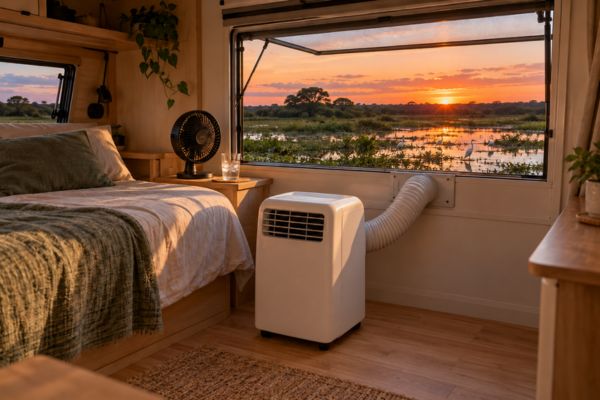 Ar-condicionado portátil ligado a uma estação de energia dentro de um trailer, com o Pantanal ao entardecer pela janela
