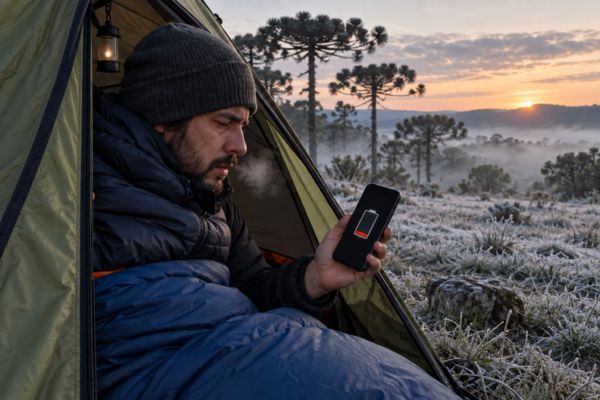 Pessoa no saco de dormir olhando o celular com bateria baixa na entrada da barraca, com geada na grama ao amanhecer