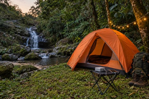 Bateria portátil carregando celular em frente a uma barraca montada perto de uma cachoeira na mata atlântica