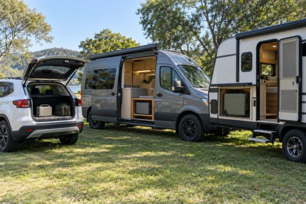 Carro, van e trailer lado a lado, cada um com uma bateria portátil de tamanho diferente no espaço interno