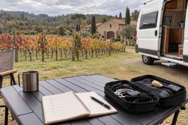 Estação de energia portátil com checklist e cabos sobre uma mesa ao lado de um motorhome entre vinhedos na Serra Gaúcha