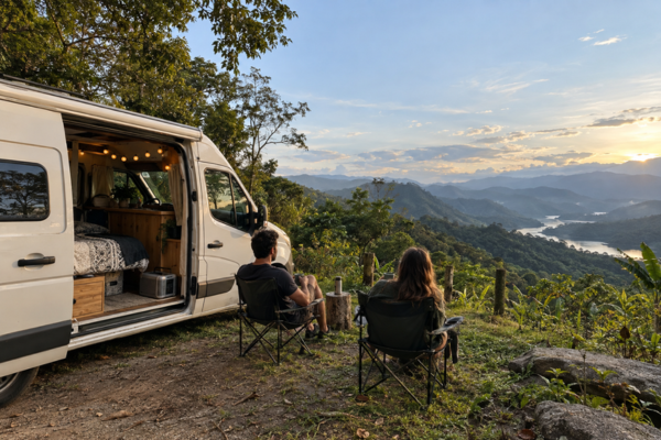 Van estacionada em mirante na serra com casal observando o vale ao entardecer