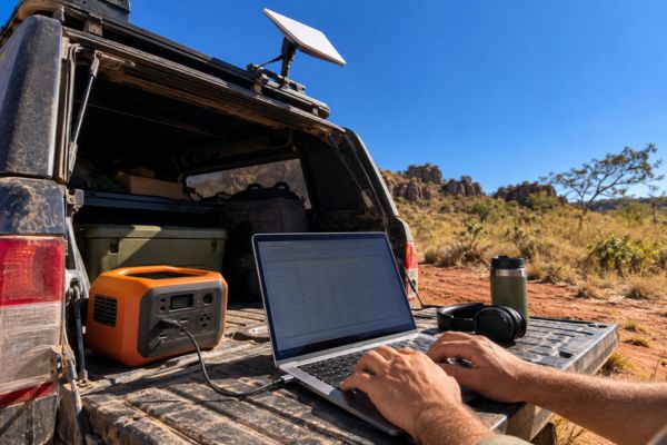 Notebook e bateria portátil na traseira de uma picape no cerrado, com antena de internet via satélite sobre a capota