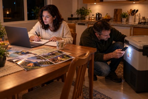 Casal pesquisando no notebook e lendo a etiqueta de consumo da geladeira portátil antes da compra