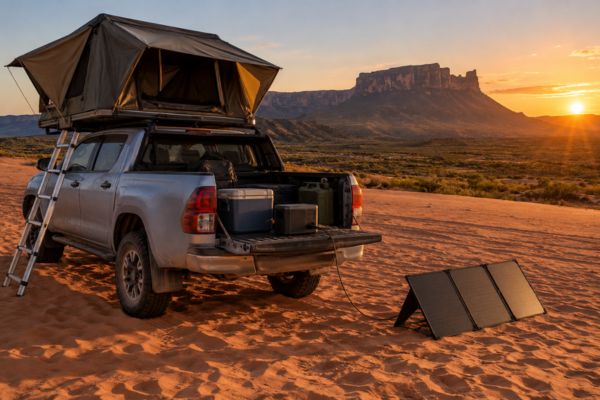 Caminhonete 4x4 com barraca de teto e bateria portátil ligada a painel solar nas dunas do Jalapão