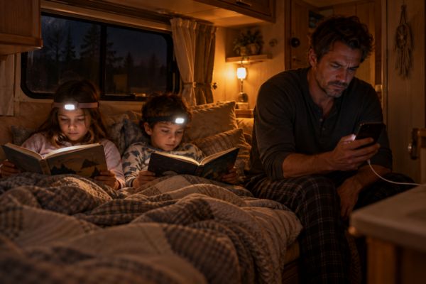 Pai conferindo a carga no celular enquanto os filhos leem com lanternas de cabeça no trailer com as luzes fracas