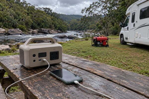 Bateria portátil sobre mesa de piquenique e gerador a gasolina ao fundo, à beira de um rio, com motorhome estacionado